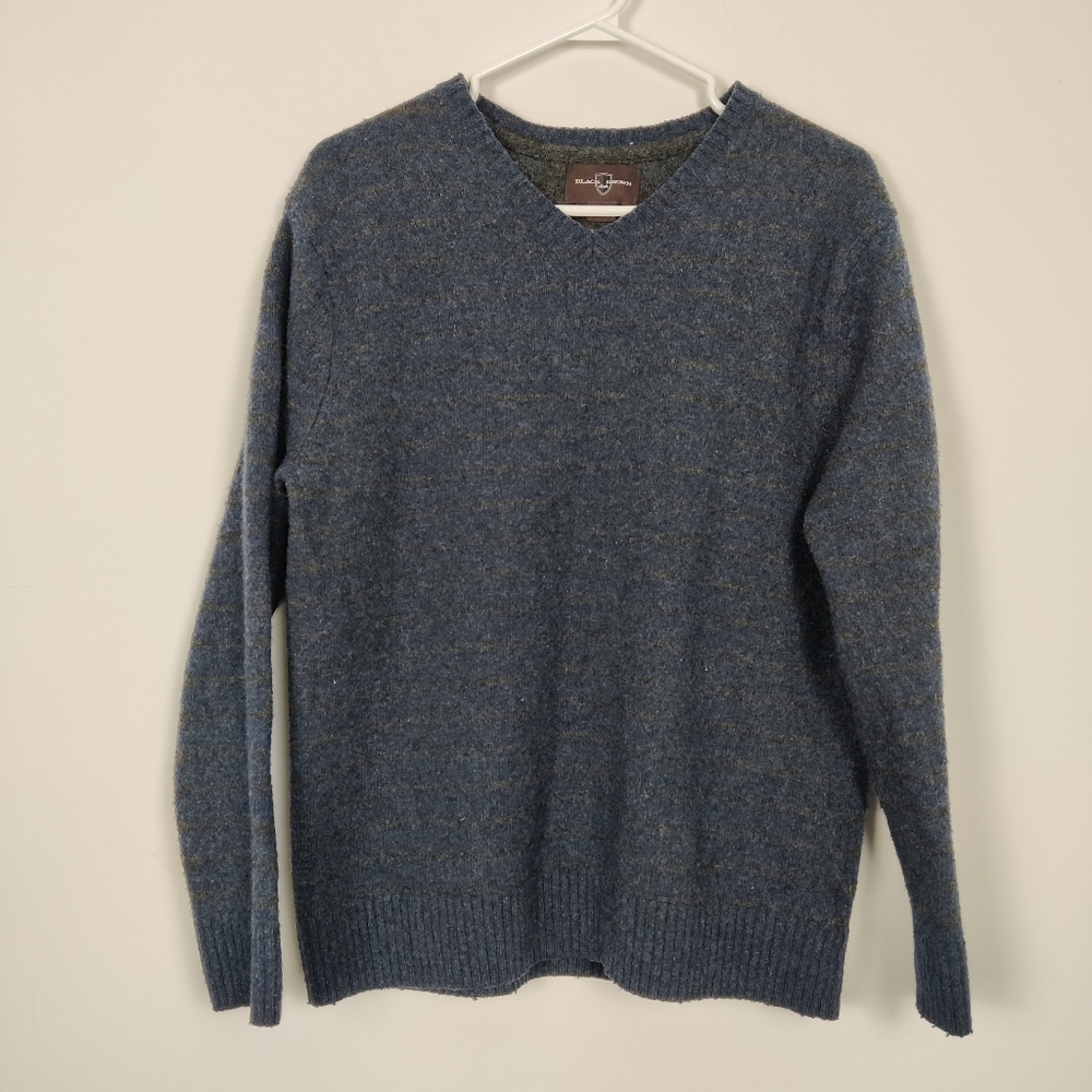 Black Brown 1826 Men's Striped V-neck Wool Sweater Blue Gray Lambswool Old Money